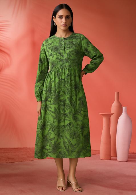 Green Printed Cotton Blend Dress