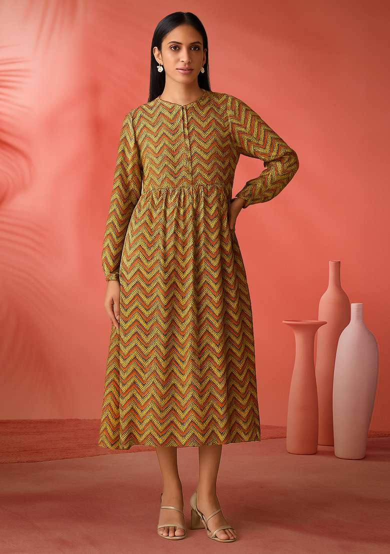 Yellow Printed Cotton Blend Dress - Indya
