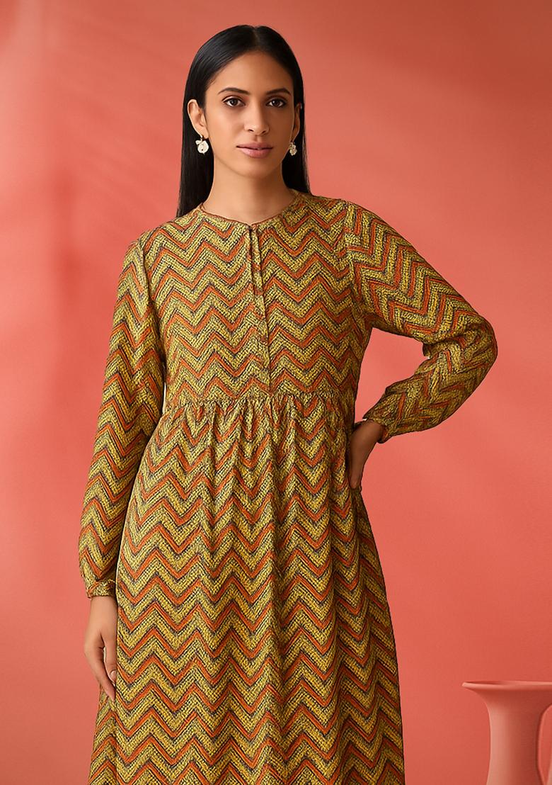 Yellow Printed Cotton Blend Dress - Indya