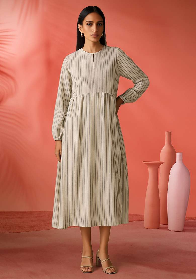 Off White Dobby Cotton Dress for Diwali and Festive Wear - Indya
