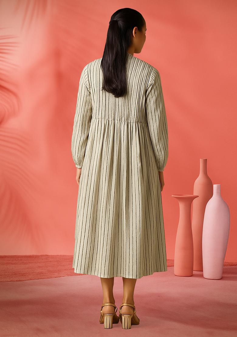 Off White Dobby Cotton Dress - Indya