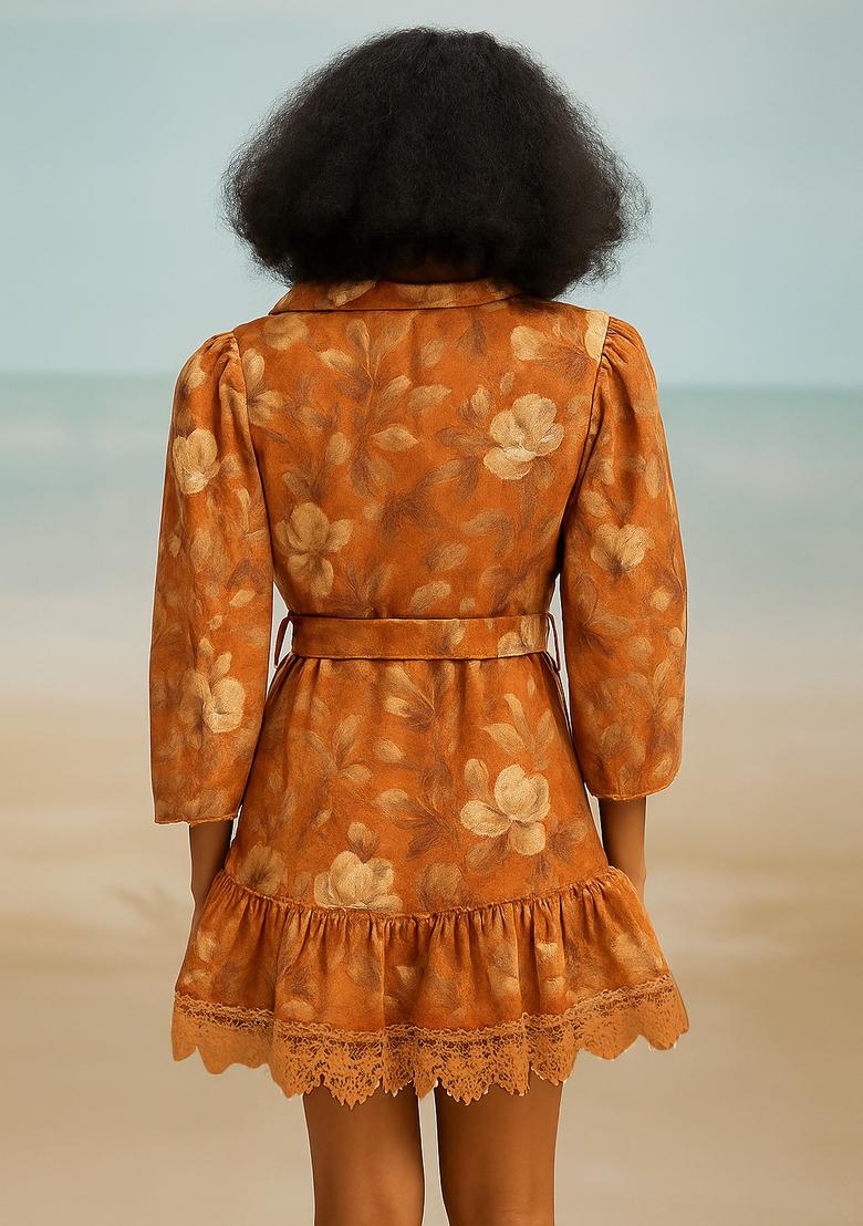 Orange Printed Linen Dress - Indya
