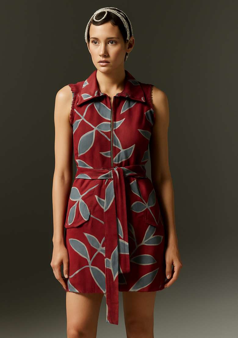 Maroon Printed Linen Dress - Indya