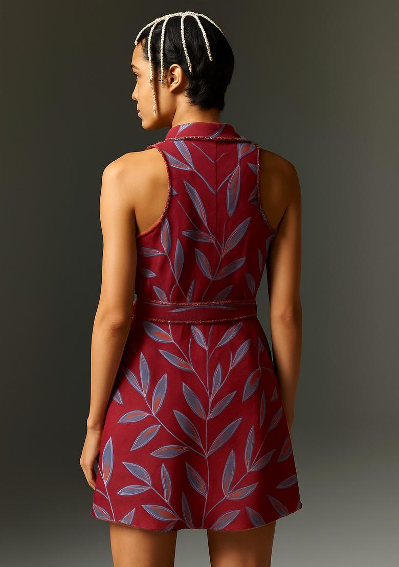 Maroon Printed Linen Dress - Indya