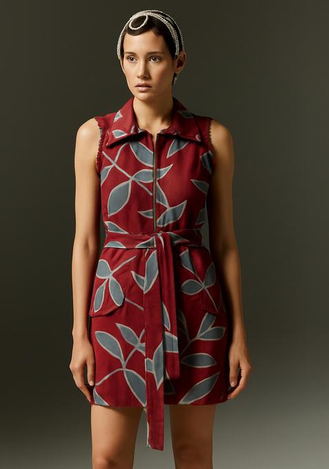 Maroon Printed Linen Dress