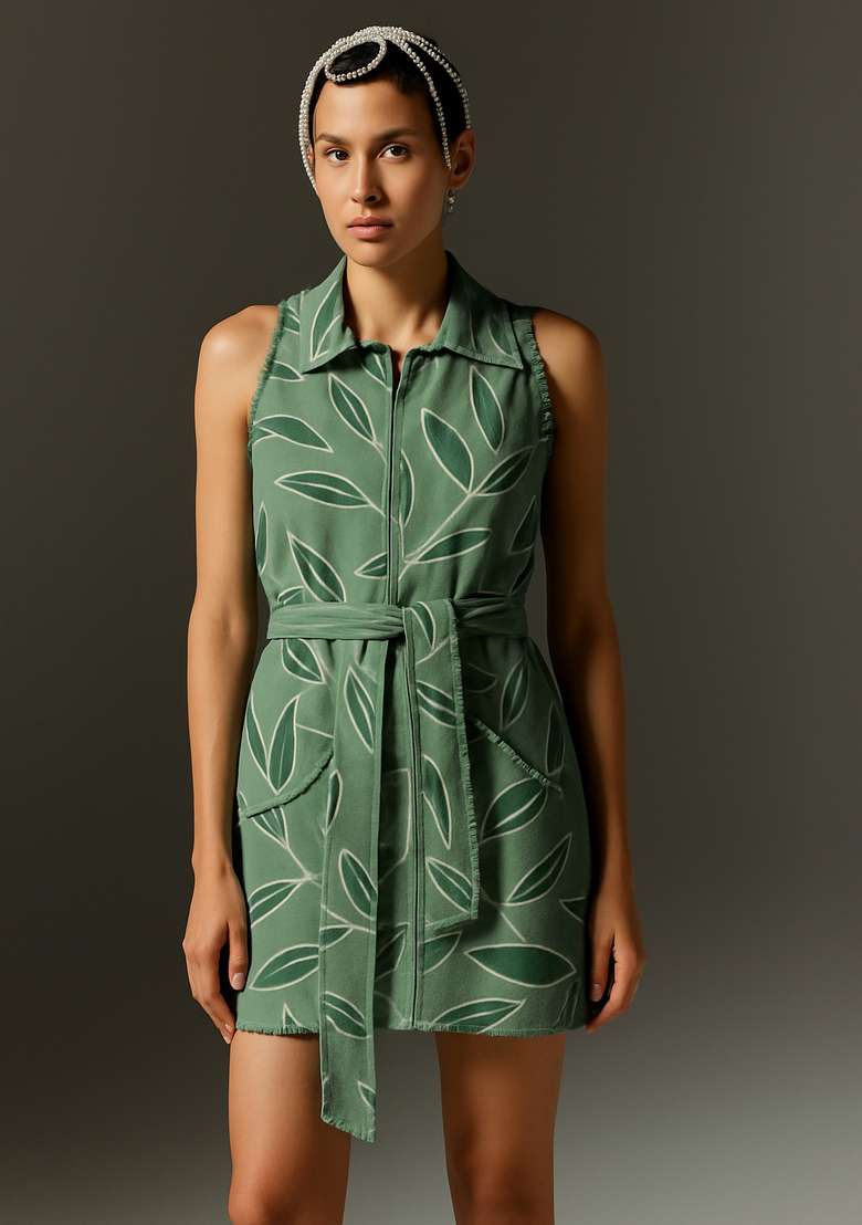 Sea Green Printed Linen Dress - Indya