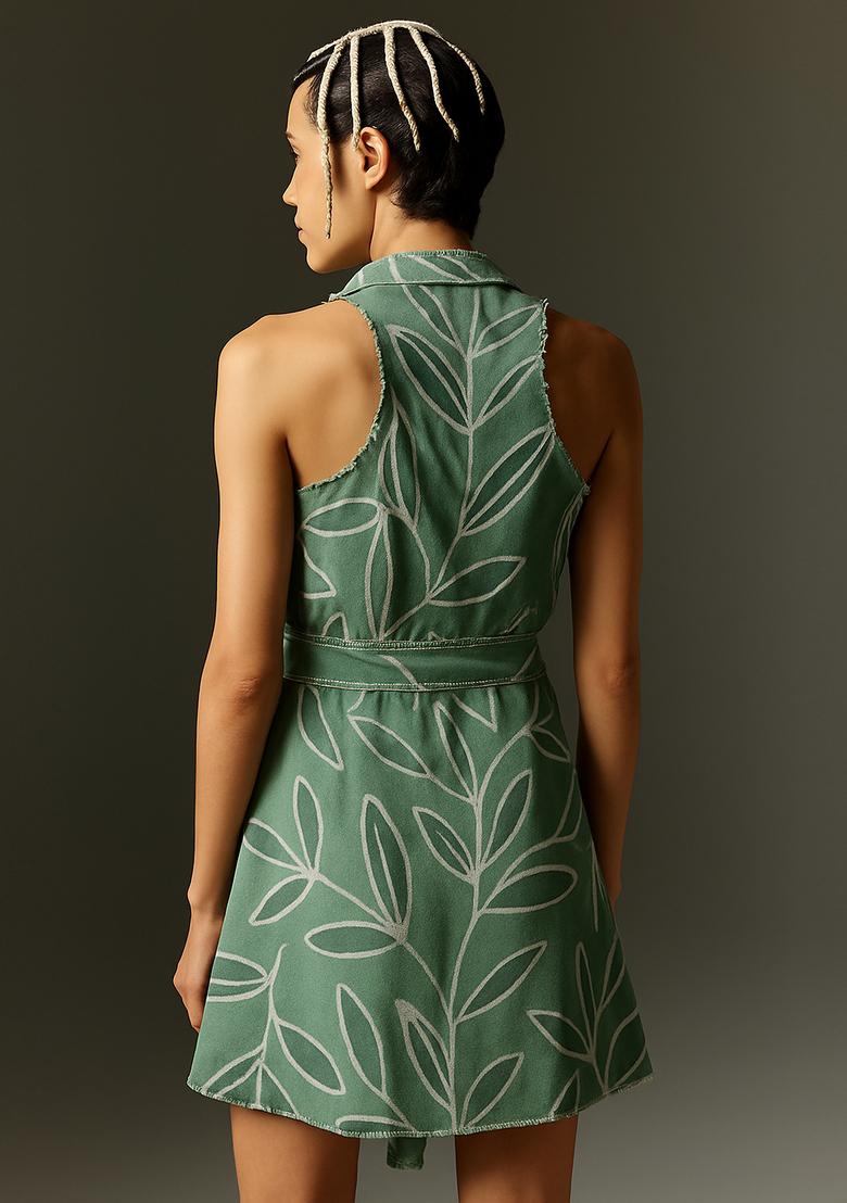 Sea Green Printed Linen Dress - Indya