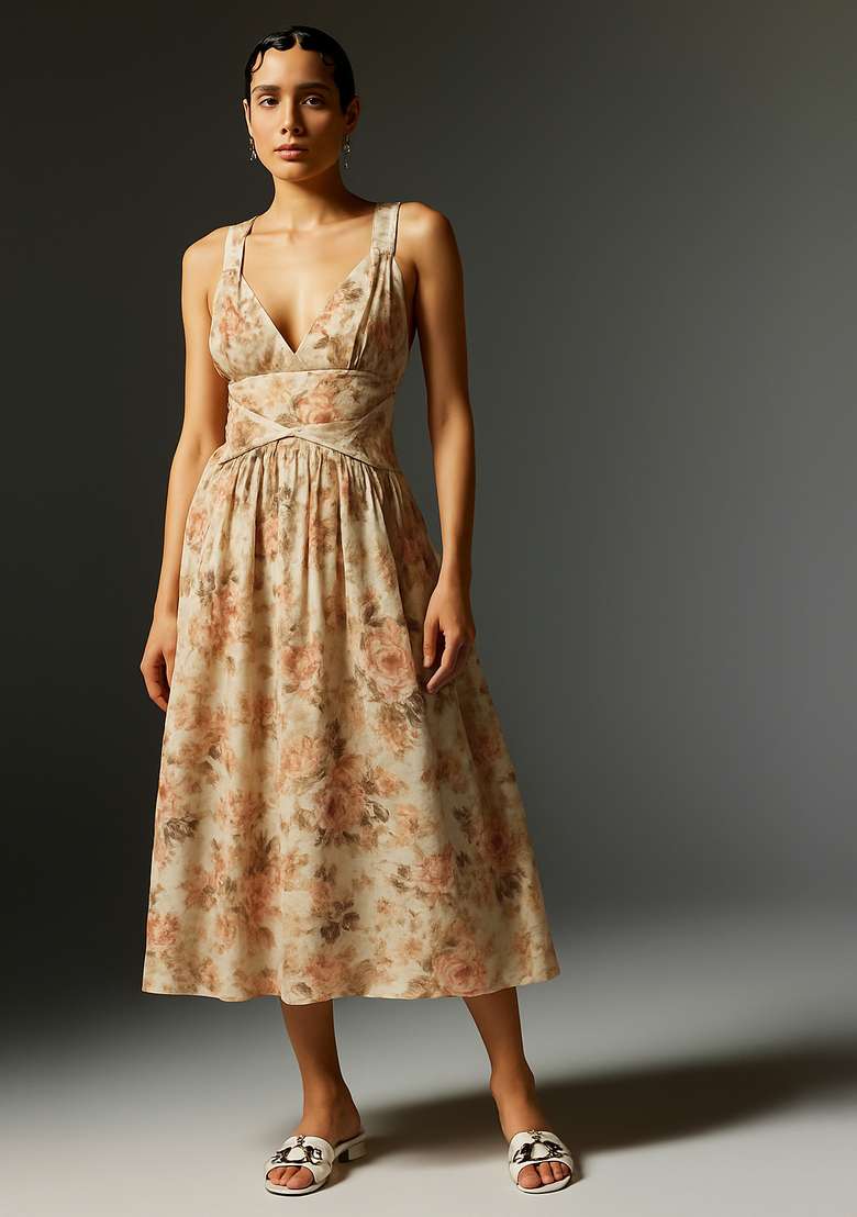 Beige Printed Linen Dress - Indya