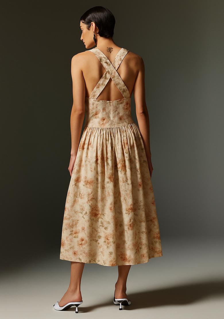 Beige Printed Linen Dress - Indya