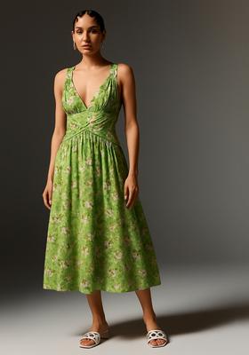 Light Green Printed Linen Dress