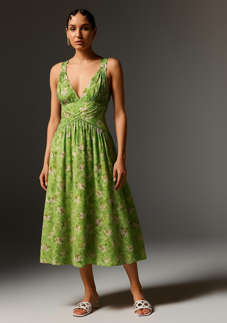 Light Green Printed Linen Dress