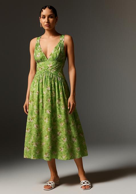 Light Green Printed Linen Dress