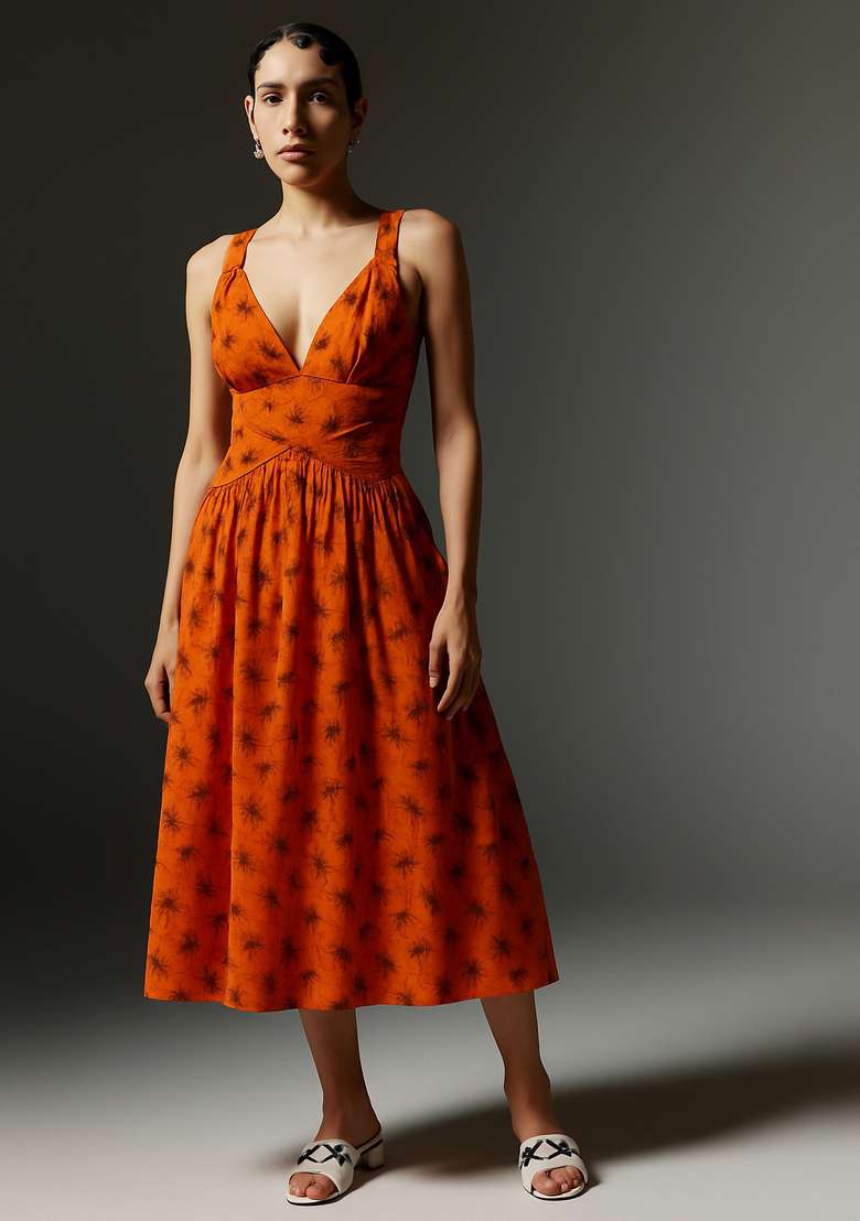 Orange Printed Linen Dress - Indya