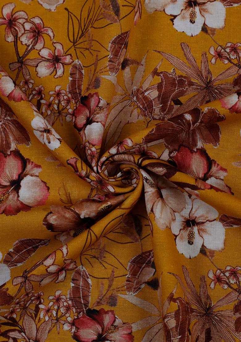 Mustard Yellow Linen Cotton Dress with Printed for Diwali | Wedding & Festive Wear - Indya