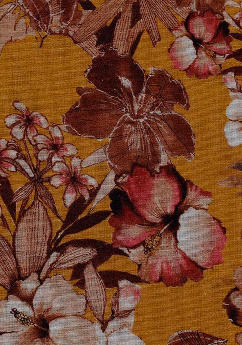 Mustard Yellow Printed Cotton Linen Dress - Indya