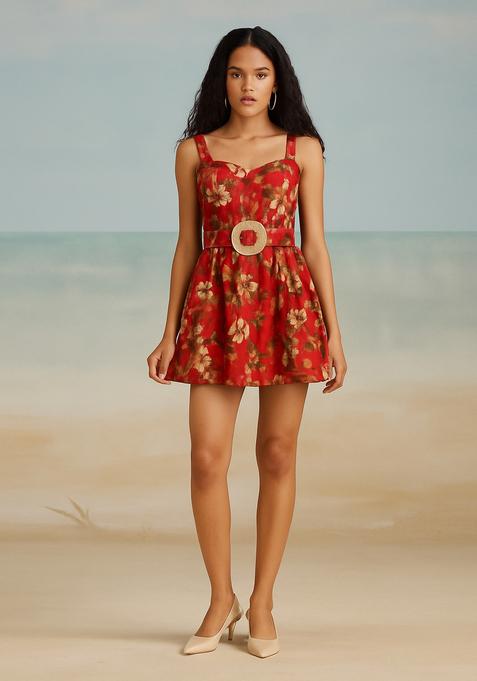 Red Printed Cotton Linen Dress