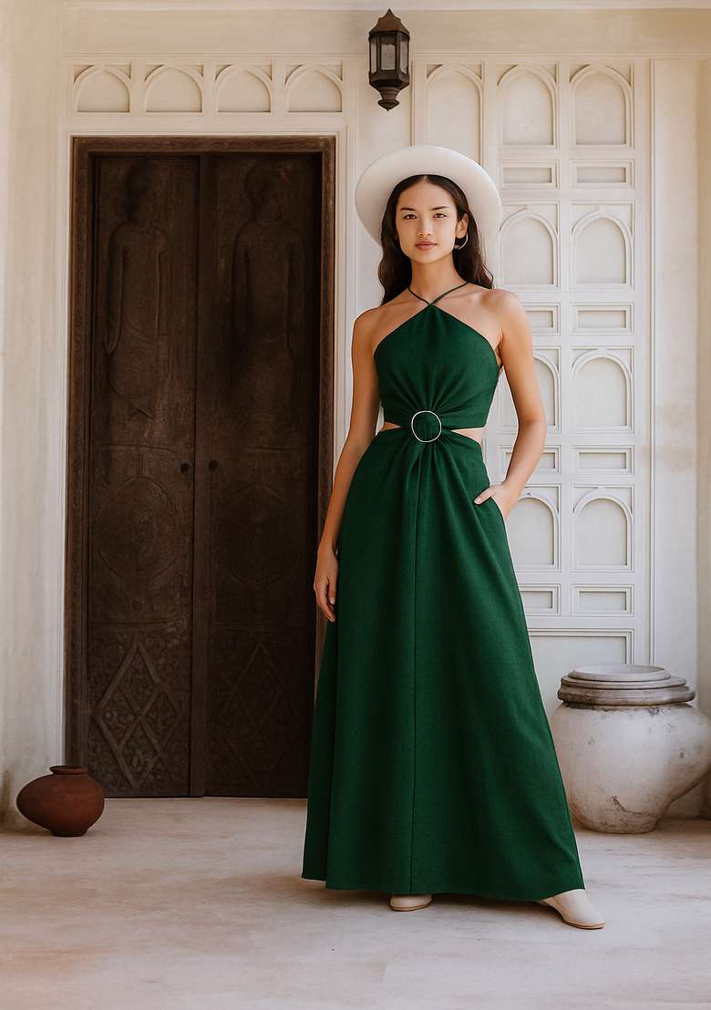 Green Solid Cotton Dress for Diwali | Wedding & Festive Wear - Indya