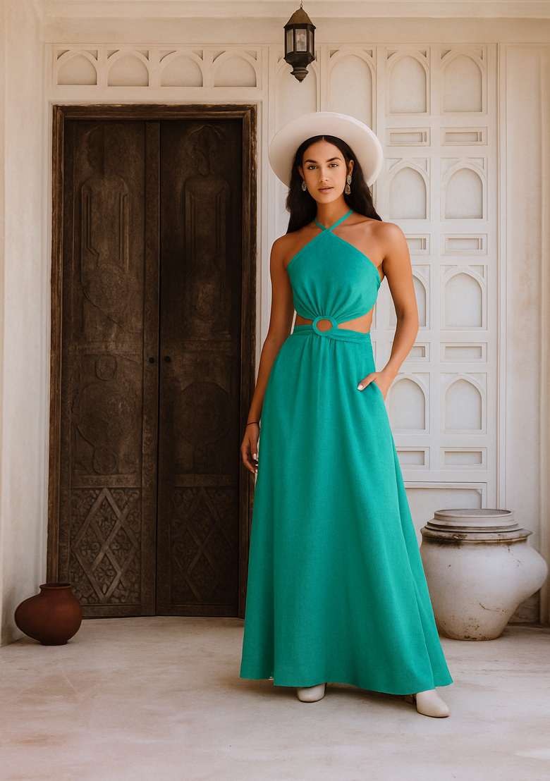 Sea Green Solid Cotton Dress for Diwali | Wedding & Festive Wear - Indya