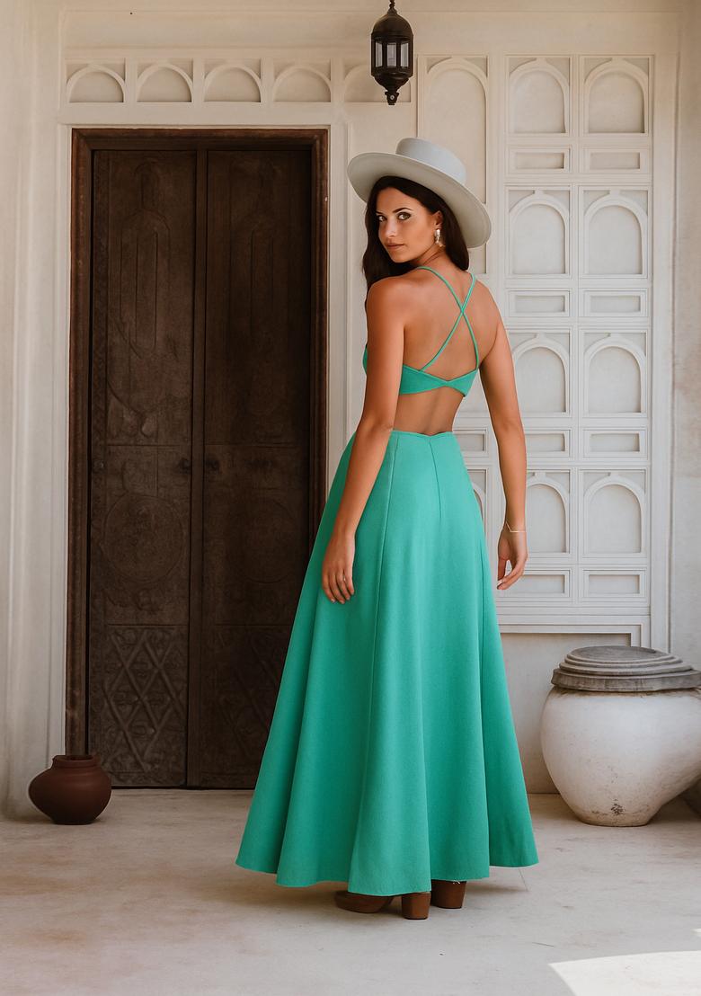 Sea Green Solid Cotton Dress - Indya