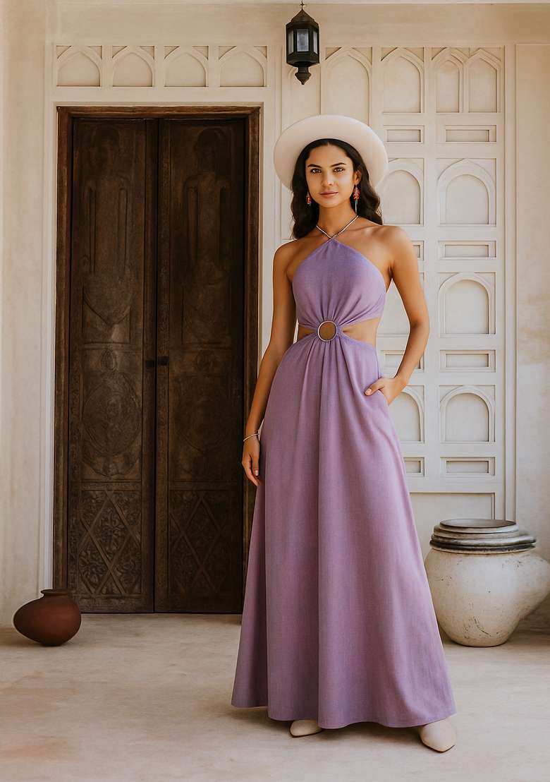 Purple Solid Cotton Dress for Diwali | Wedding & Festive Wear - Indya
