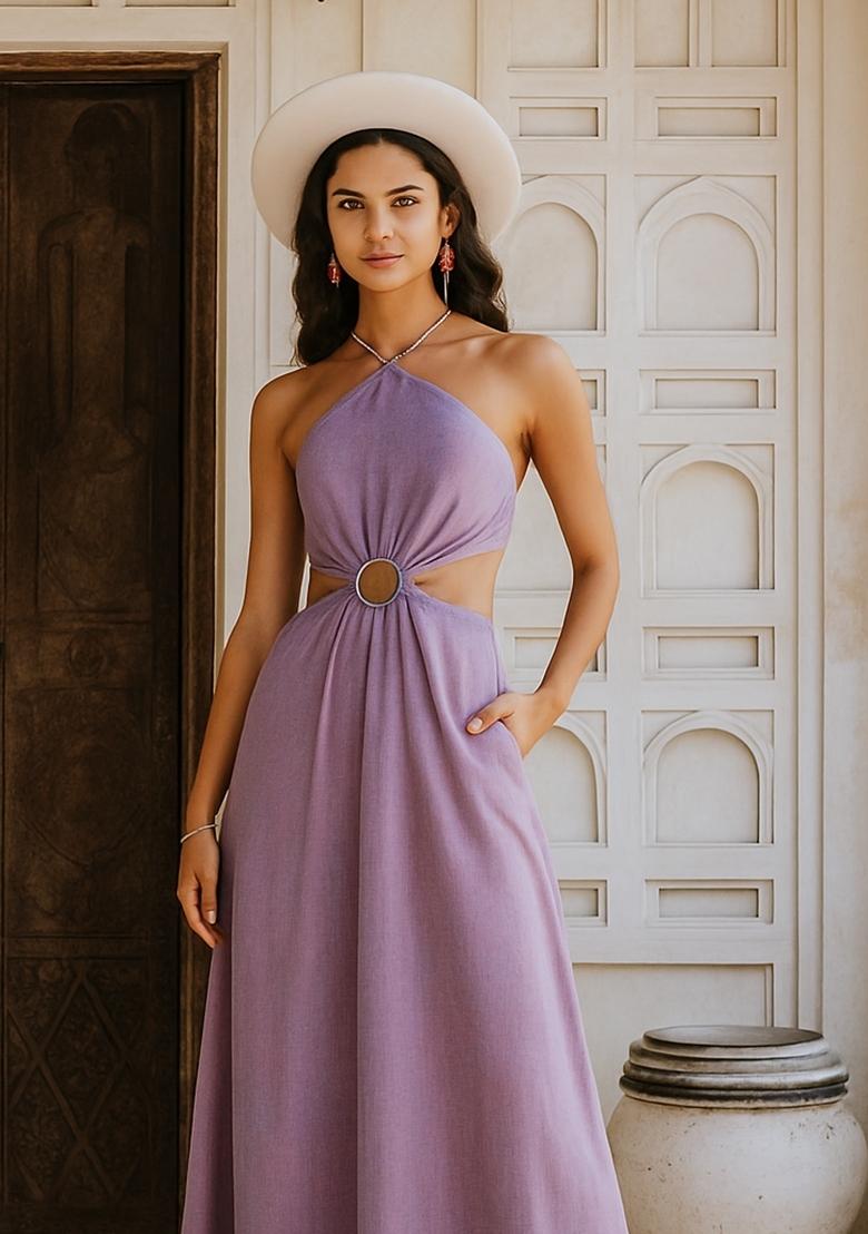 Purple Solid Cotton Dress - Indya