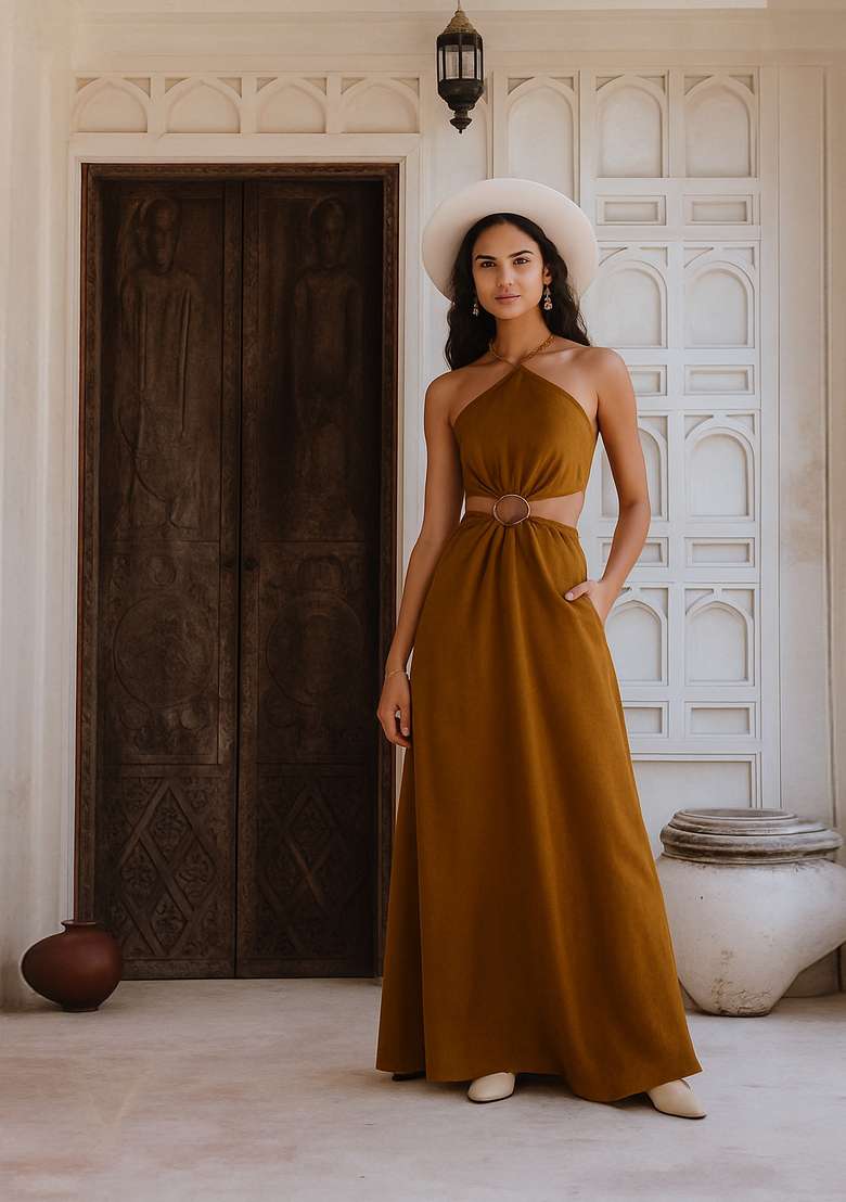 Brown Solid Cotton Dress for Diwali | Wedding & Festive Wear - Indya