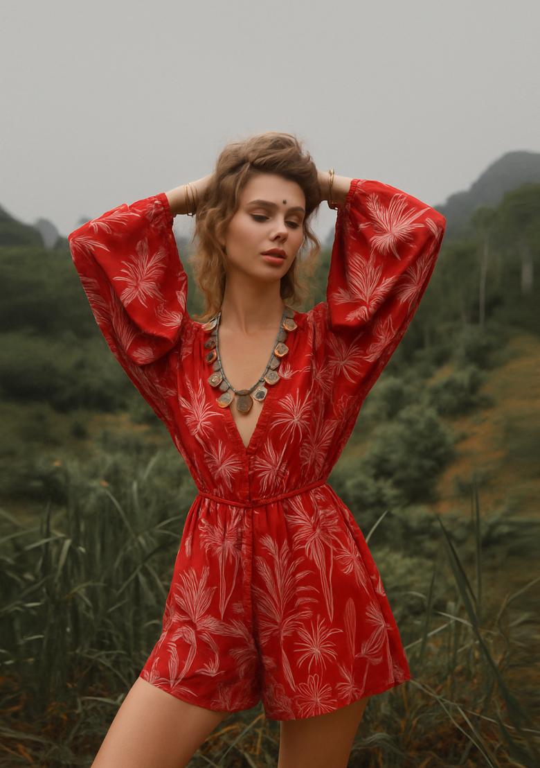 Rust Printed Cotton Dress - Indya