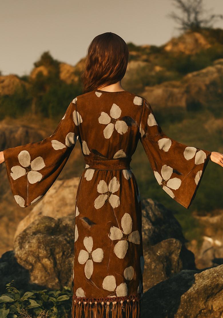 Brown Printed Cotton Linen Dress - Indya