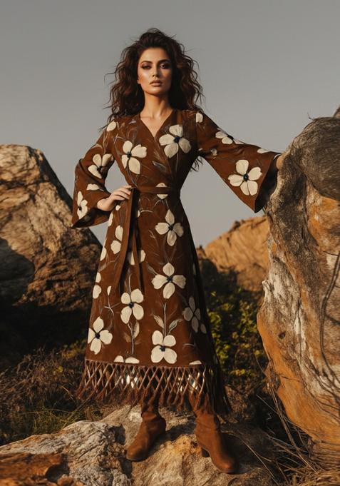 Brown Printed Cotton Linen Dress