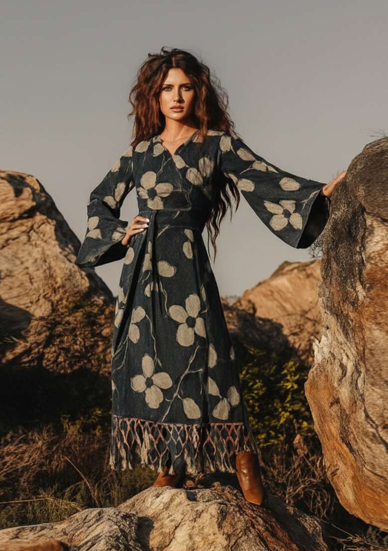 Blue Printed Cotton Linen Dress - Indya