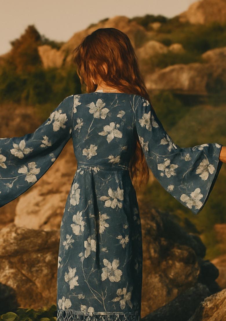 Blue Printed Cotton Linen Dress - Indya
