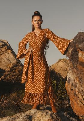 Brown And Yellow Printed Cotton Linen Dress