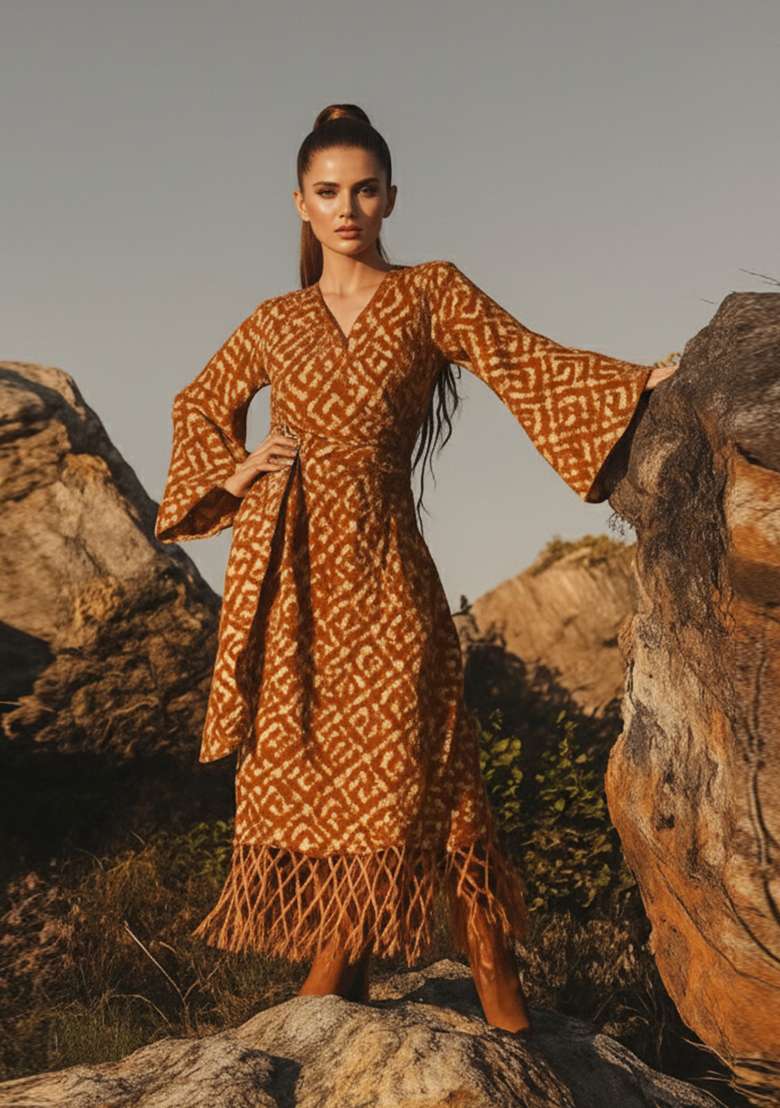 Brown And Yellow Printed Cotton Linen Dress - Indya