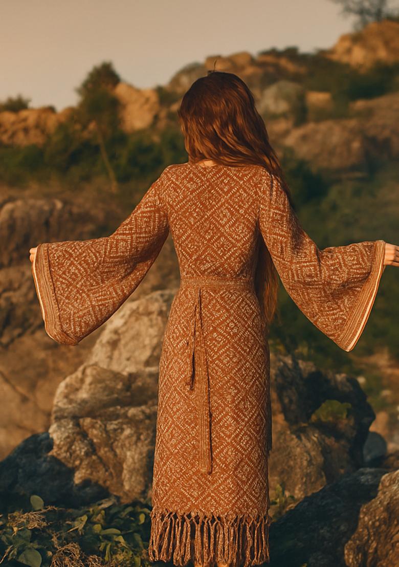 Brown And Yellow Printed Cotton Linen Dress - Indya