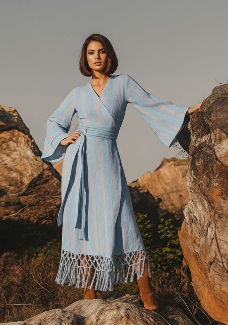 Blue Printed Viscose Linen Dress - Indya