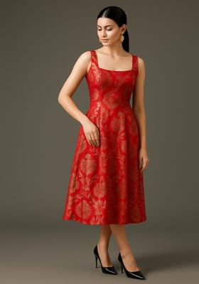 Red Embroidered Brocade Dress