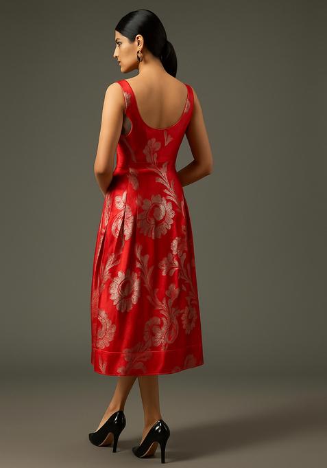 Red Embroidered Brocade Dress