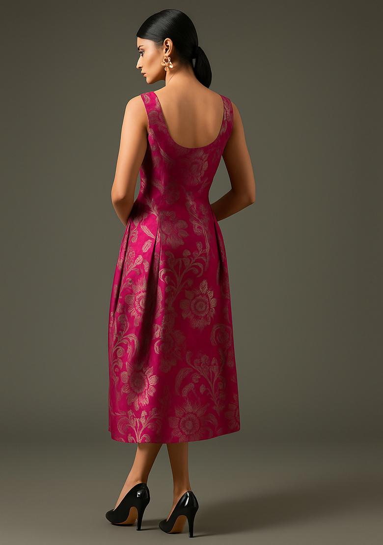 Pink Embroidered Brocade Dress - Indya