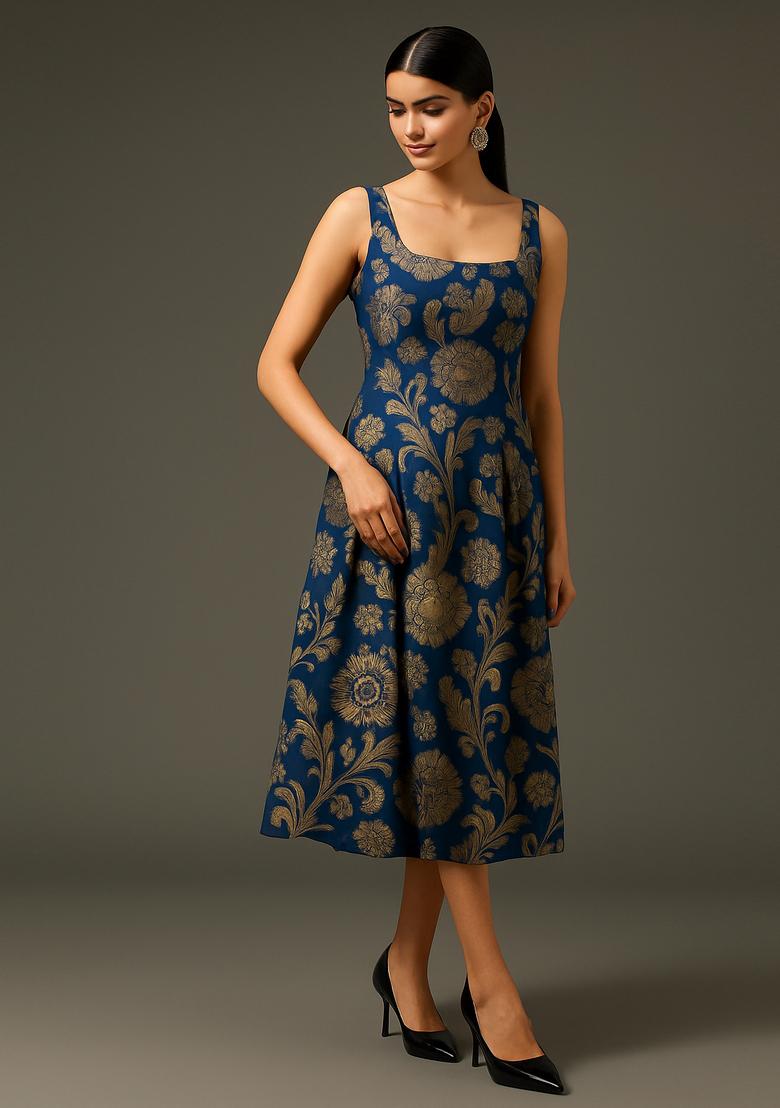 Navy Blue Embroidered Cotton Denim Dress - Indya