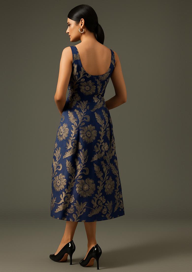 Navy Blue Embroidered Cotton Denim Dress - Indya