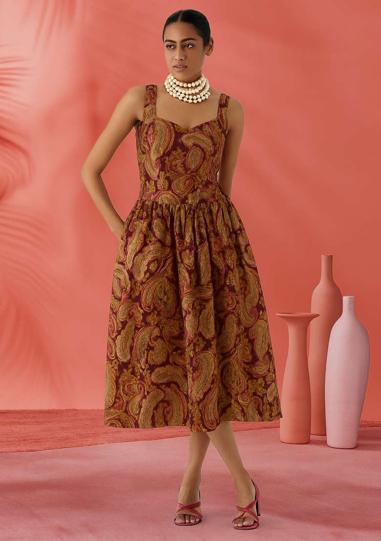 Burgundy Embroidered Brocade Dress - Indya
