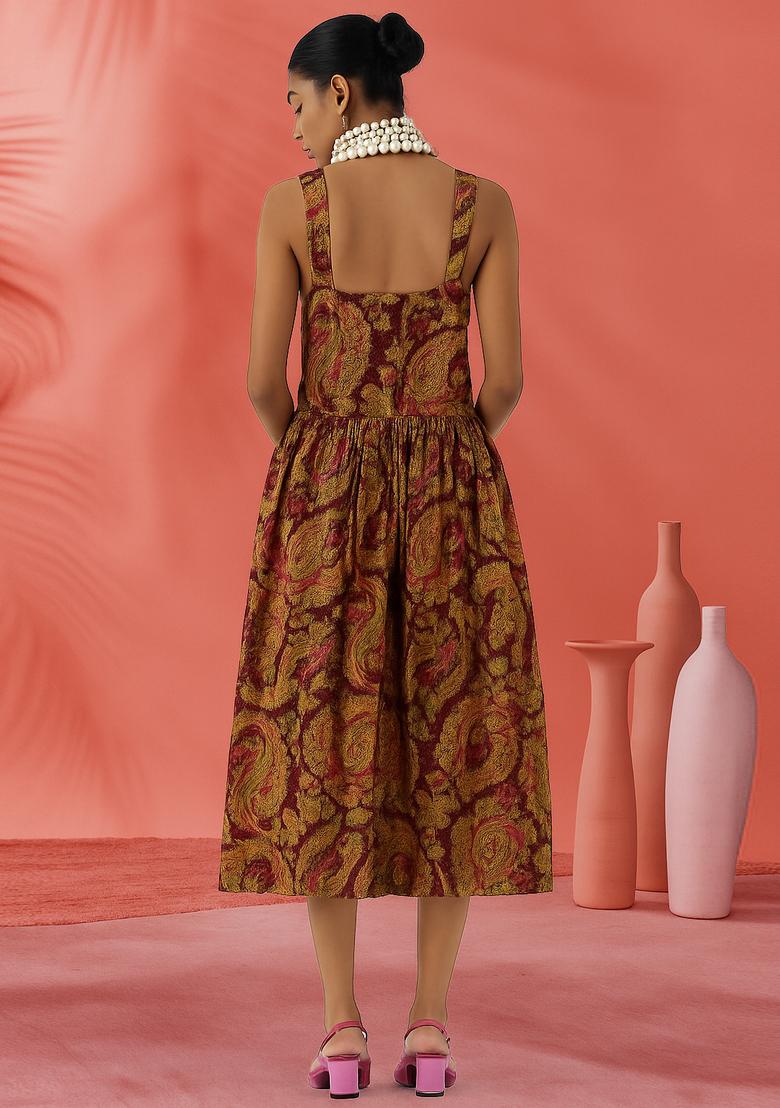 Burgundy Embroidered Brocade Dress - Indya