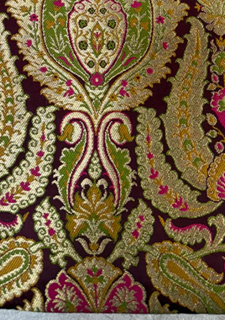 Burgundy Embroidered Brocade Dress - Indya