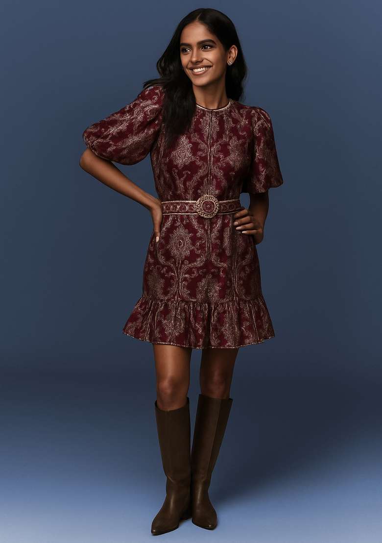 Purple Embroidered Brocade Dress - Indya