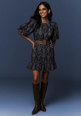 Navy Blue Embroidered Polyester Dress