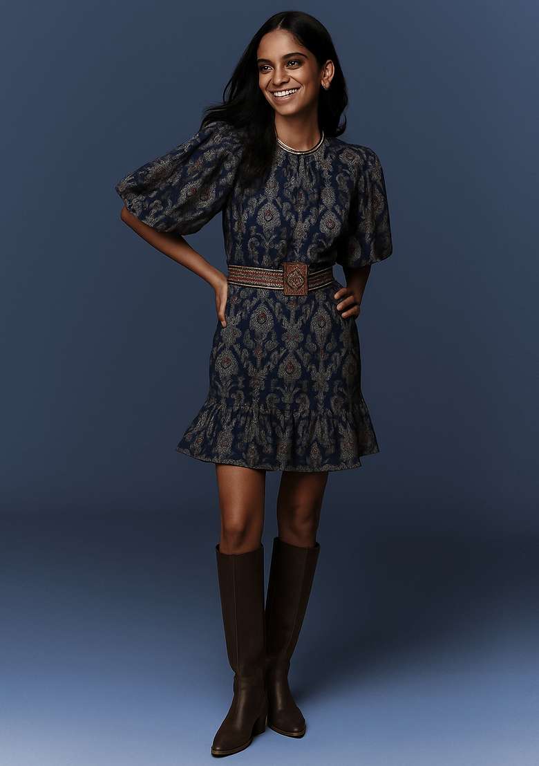 Navy Blue Embroidered Polyester Dress - Indya