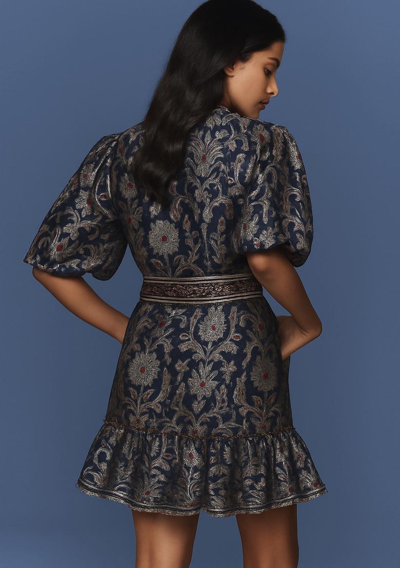 Navy Blue Embroidered Polyester Dress - Indya