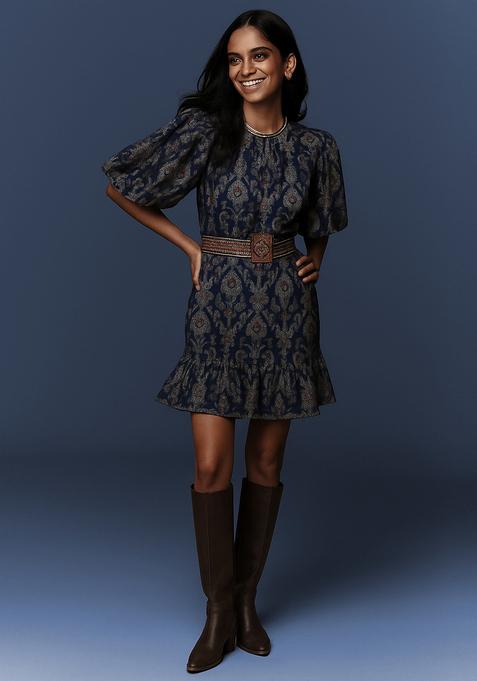 Navy Blue Embroidered Polyester Dress