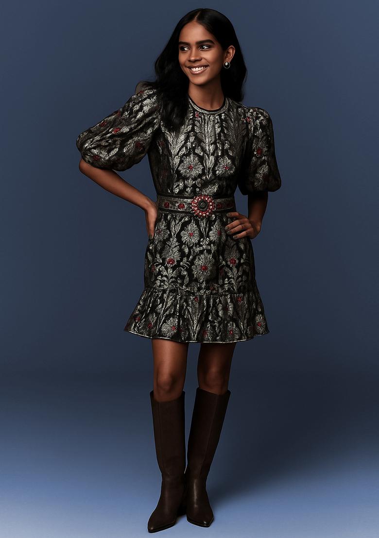 Black Embroidered Polyester Dress