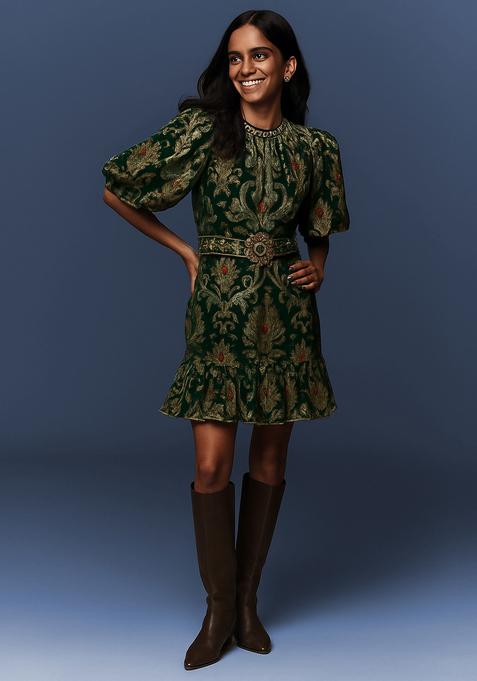 Bottle Green Embroidered Polyester Dress